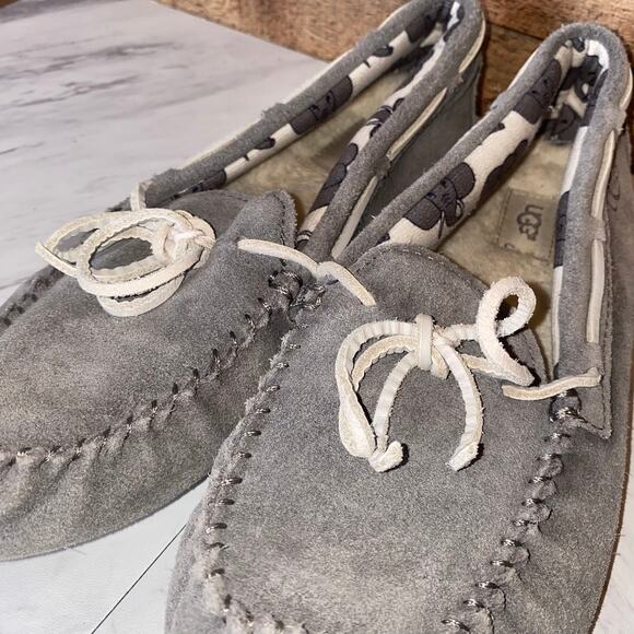 Ugg Grey Leather Ryder Slippers Elephant Jungle Liner Size 5 - Picture 5 of 12